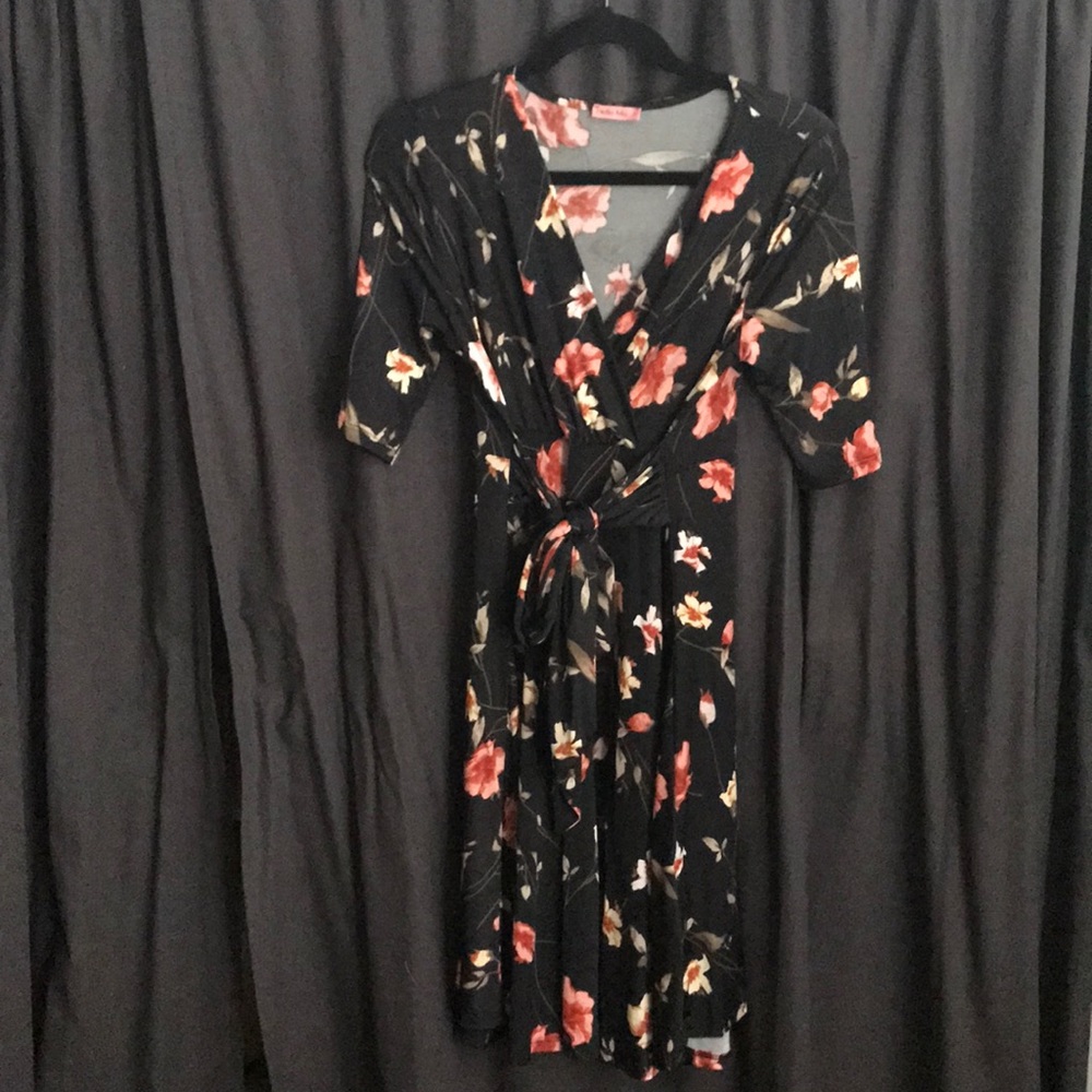 Black and coral floral wrap dress.